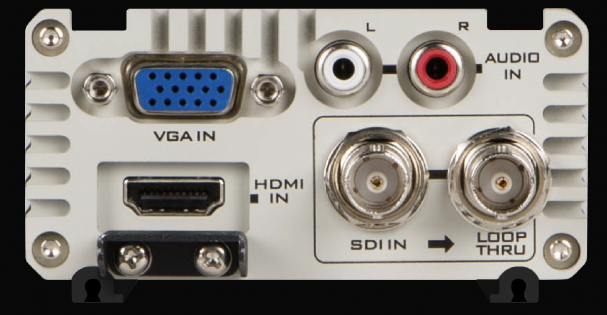 Entradas VGA, HDMI, SDI loop-through y audio RCA estéreo del DAC-70
