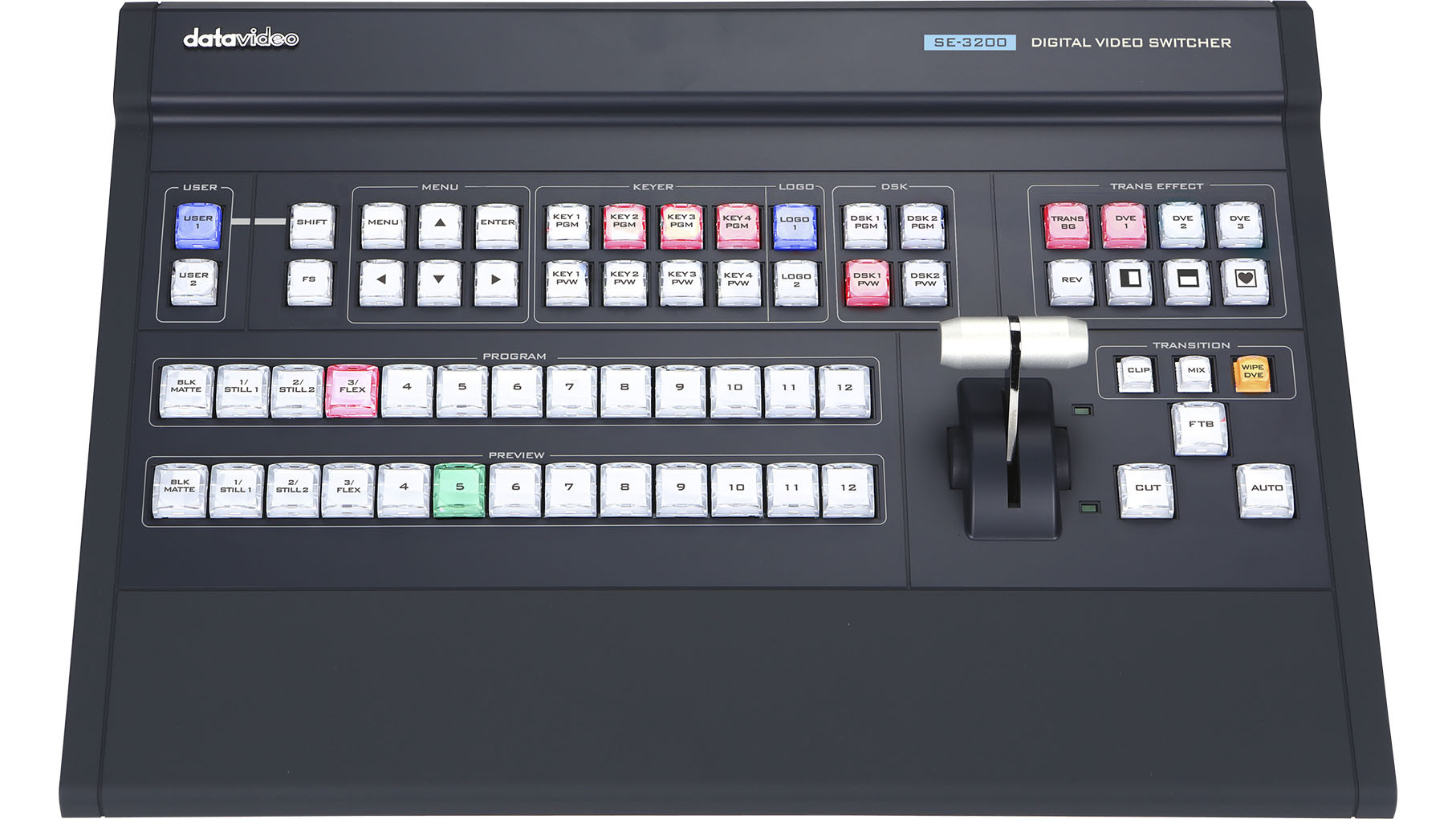 Panel de control Datavideo SE-3200 con botones de programa/previo, keyers y palanca T-bar